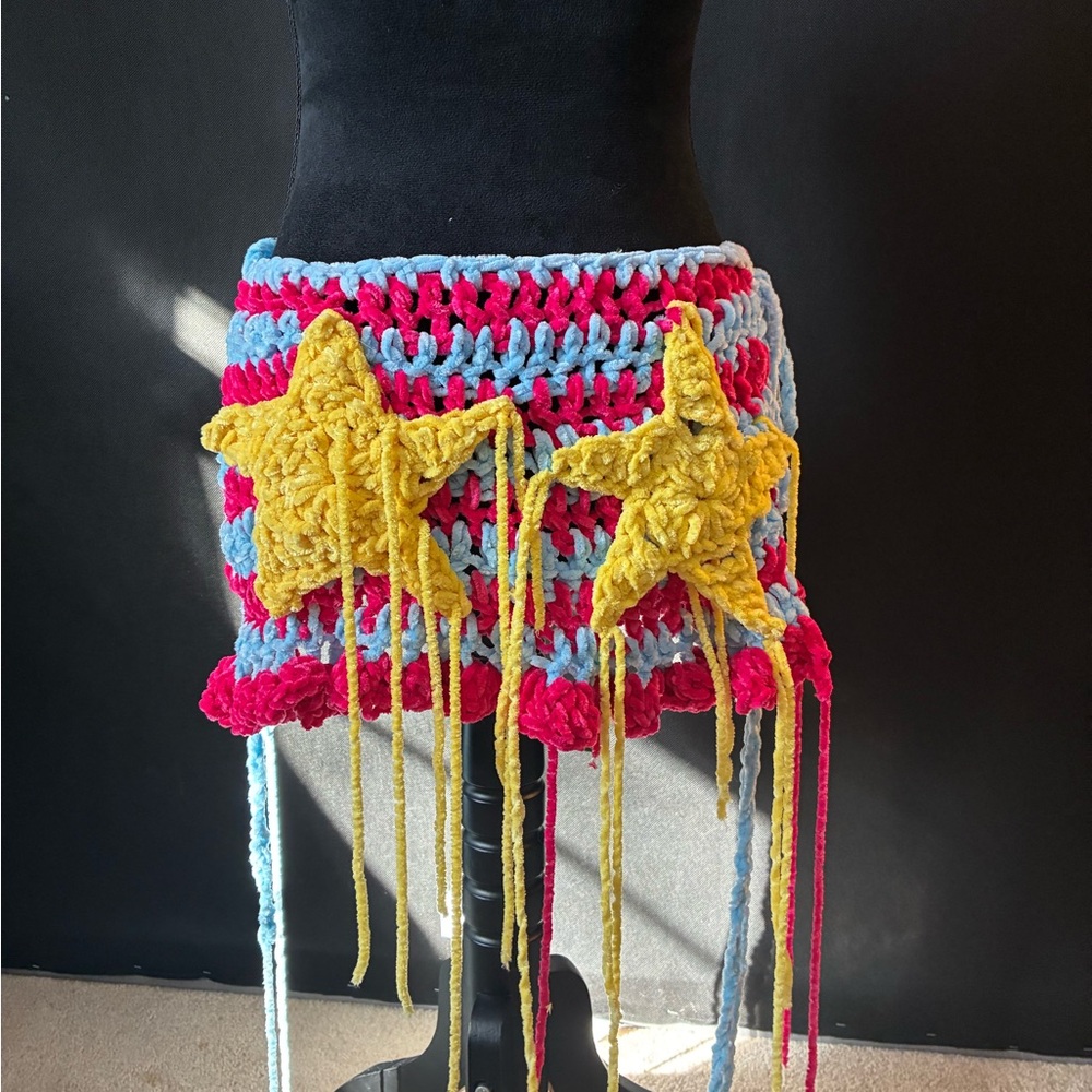 Dolls Kill Multicolor Crochet Mini Skirt with Yellow Stars